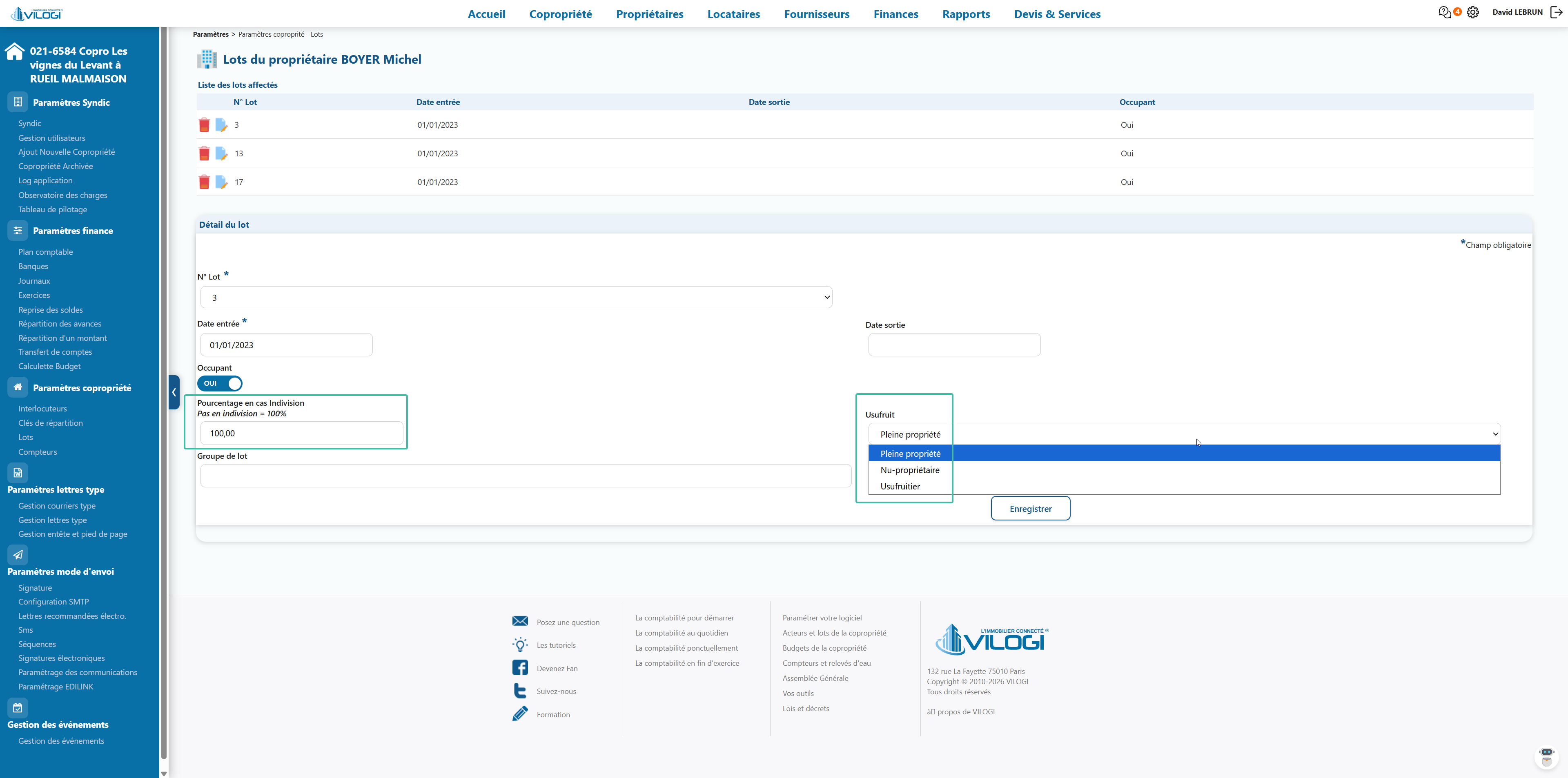 Ecran de paramétrage de l indivision des lots en indivis Tutoriel logiciel immobilier pour syndics et administrateurs de biens